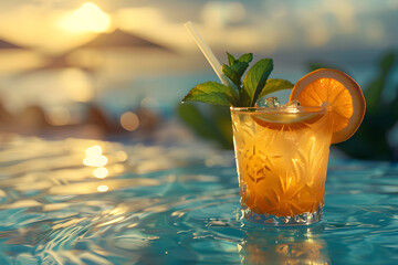 Zoom in on a refreshing cocktail in a pool at sunset