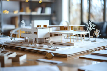 Detail of an architectural model of a hous made of cardboard