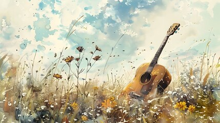 Naklejka premium Acoustic Guitar in Tranquil Countryside Meadow with Blooming Flowers