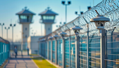 a  of the exterior of a modern prison facility with high fences and security cameras, featuring a blurred background of guard towers, Prison, Building Exterior, Priso