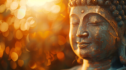 Close-up of a buddha statue's face with warm sunset bokeh background