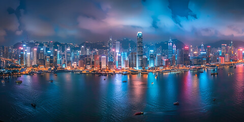 Fototapeta premium Vibrant Cityscape at Night | Stunning Skyline with Reflected Lights on Water | Nighttime City View | Illuminated Urban Skyline with Colorful Reflections