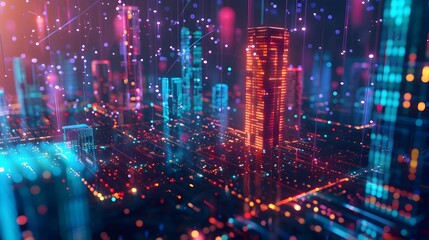 Obraz premium Futuristic Cityscape with Glowing Skyscrapers and Neon Lights in Vibrant Night Scene