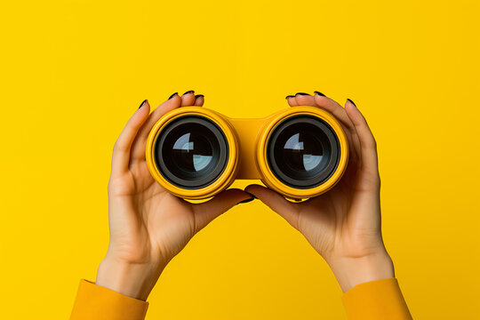Female hands holding binoculars on a yellow background, representing exploration and curiosity concept. Generative AI