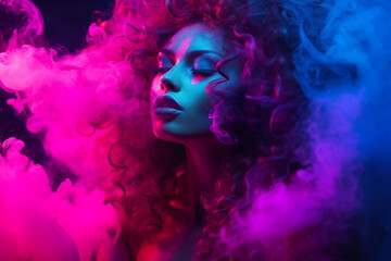 Fototapeta premium Portrait of a woman with smoke and powder on her face. Creating a striking and colorful visual effect. Generative AI