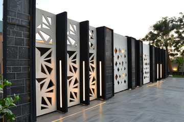 A modern boundary wall alternating black and white concrete panels, geometric LED lights, and a sleek abstract-patterned gate.