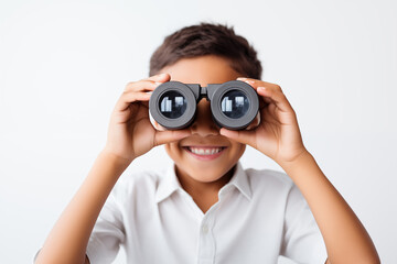 A young surprised smiling boy in white clothes looks into binoculars, on a white background. Searching and exploring with a joyful expression. Generative AI