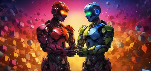 Two futuristic robots face each other in a dramatic standoff, surrounded by colorful particles.
