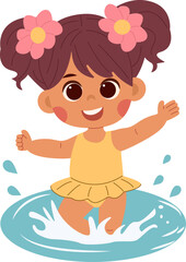 Cute cartoon little girl with dark hair in a yellow swimsuit playing in the water on a white background isolated. Print for tshirt for kids.Concept vector illustration