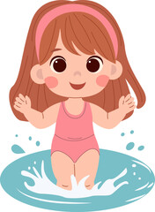 Cute cartoon little girl with blond hair in a pink swimsuit playing in the water on a white background, isolated. Print for tshirt for kids.Concept vector illustration