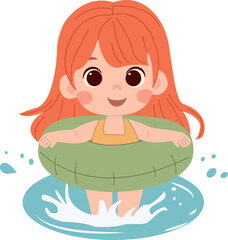 Cute cartoon little girl with a floating ring in a yellow swimsuit playing in the water on a white background, isolated. Print for tshirt for kids. Concept vector illustration