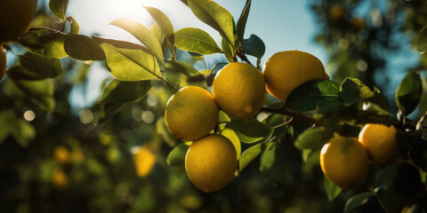 Ripe Lemons hanging on a lemon tree in orchard, close up. Fresh juicy lemons on a lemon tree branches
