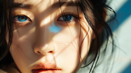 Young Asian woman with beautiful bright black eyes with shining blue shadows, beige lipstick and expressive eyebrows, pitted look of colored paper, fashion, beauty, make-up, cosmetics, salon style