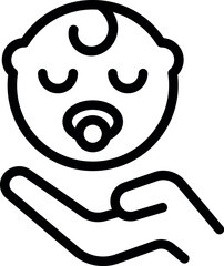 A simple black and white icon representing newborn care with a baby and hand