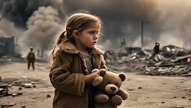 Desperate poor afraid boy and girl child crying standing holding old teddy bear in the middle of war zone 