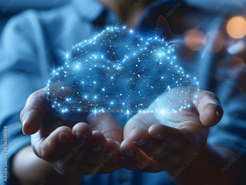 Poster user accessing a global cloud network symbolizing unlimited digital reach and cloud computing concep