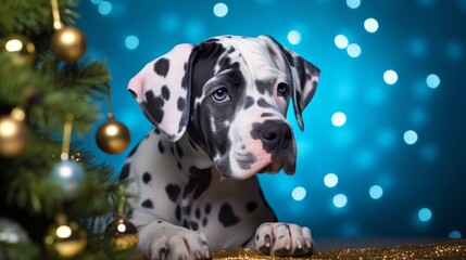 Cute dog on festive christmas background with gifts and christmas tree