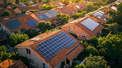 Aerial View of Solar Paneled Residential Roofs Harnessing Clean Energy in Suburban Neighborhood