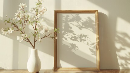 Old simple square picture frame on a white wall with a vase of white flowers