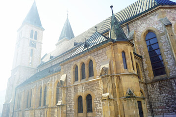Exterior view of the Cathedral of the Sacred Heart of Jesus in Sarajevo. The famous church built by...