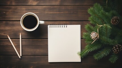 goals list with notebook, coffee cup, plant on wooden table. Resolutions, plan, goals, action, checklist, idea, notebook, wood, book, paper, nature, desk, business, spring, summer