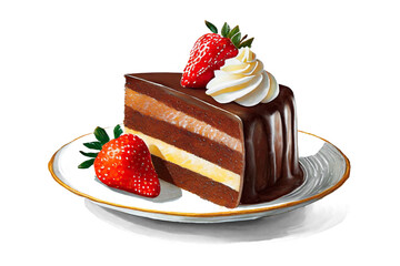 苺とチョコレートのデコレーションケーキのイラスト　白背景の切り抜き