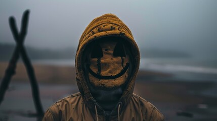 A man with a smiley face mask on. A smiling smile.