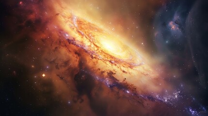 Obraz premium A serene depiction of a galaxy core, with calm center contrasted by violent beauty of star formation and destruction at its edges, illustrating cosmic life cycles.