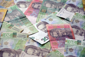 Processed collage of Ukrainian Hryvnia UAH bills banknotes texture. Background for banner
