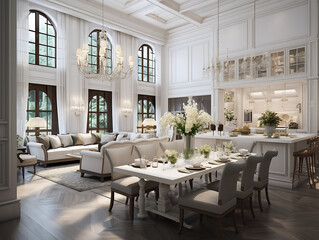 Luxury dining room and living room in classic style.