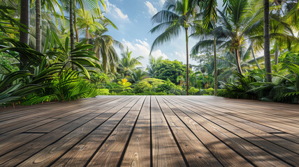 Empty wooden floor with a tropical garden and palm trees in the background