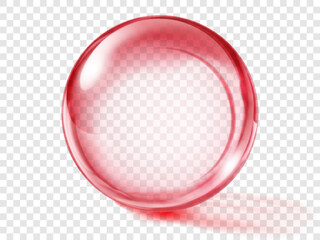 Large translucent colored sphere in red colors with glares and shadow on transparent background. Vector illustration for design projects and creative works