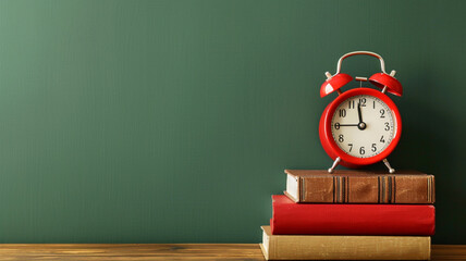 Red alarm clock and books on table against green background with copy space for text