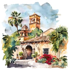 Mexican Hacienda Watercolor Painting on Solid White Background

