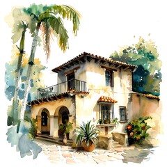 Mexican Hacienda Watercolor Painting on Solid White Background


