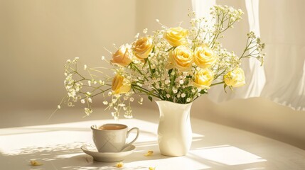 Yellow roses with gypsophila bouquet in minimalist vase on the table a cup of coffee