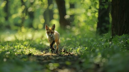 Obraz premium Fox runs in the morning forest. Light photo with high resolution