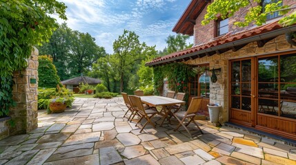 Facade and courtyard of a traditional house whose walls are made of stone