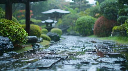 Fototapeta premium Japanese garden in rainy weather