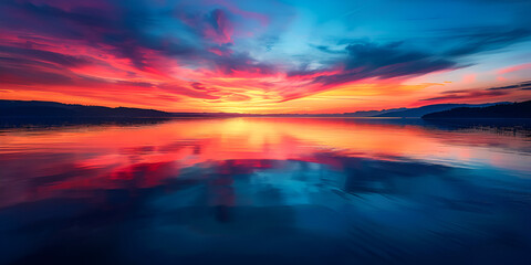 Fototapeta premium Vibrant Sunset Over Calm Lake | Colorful Sky Reflected in Tranquil Lake Waters | Spectacular Sunset Reflection on Lake | Beautiful Colorful Sunset Over Calm Waters
