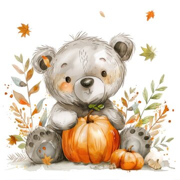 recommend clip art: Adorable Watercolor Autumn Bear with Pumpkin and Forest Leaves. Cute Child Illustration for Seasonal Greeting Card