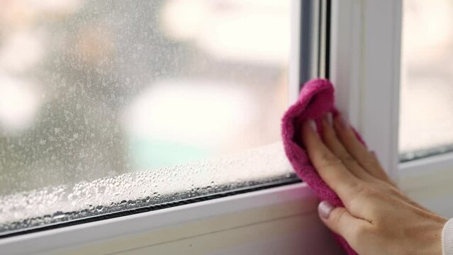 Womans hand wipes the condensate from the window glass with a towel. Selective focus.
