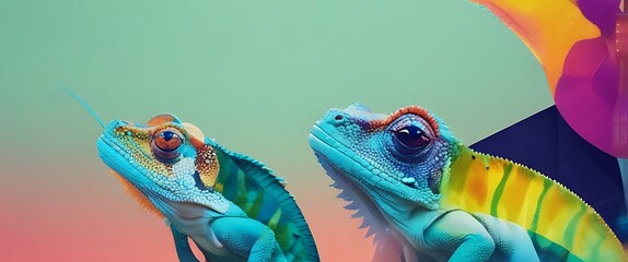 Chameleons adorned with earphones against a solid-colored background, showcasing their unique adaptation to modern technology and vibrant aesthetic appeal.