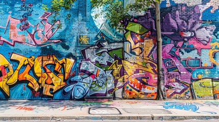 Obraz premium A vibrant urban graffiti wall bursting with colors and expressive designs, capturing the raw energy and creativity of street art.