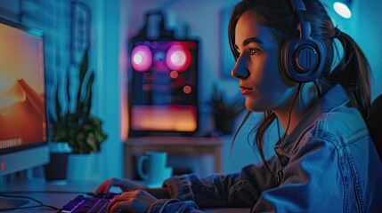 Fototapeta premium Woman with headphones on, sitting at her desk and focusing on her computer screen.