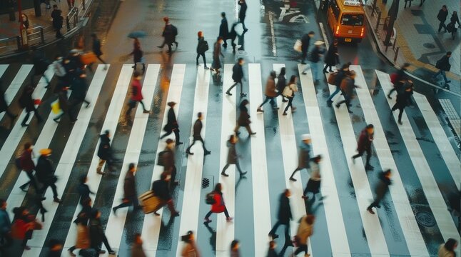Crowded street at rush hour time lapse. Modern urban city life. Busy people hurry up. Lots of Pedestrian crowd walk road. Town never sleep concept. Public day at downtown. Blur background. - Powered by Adobe