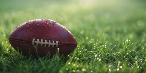 Obraz premium An American football sits on a grassy field covered with dew drops, captured in the early morning light, emphasizing the start of a new day full of potential.