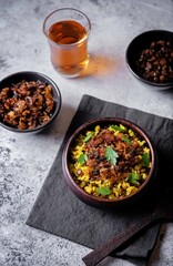 Fried onion lentil fried rice in a bowl, moujadara