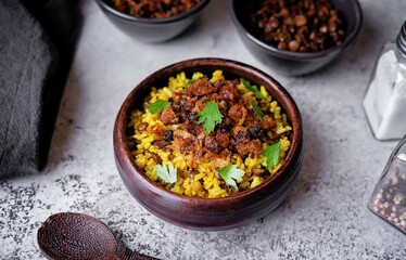 Fried onion lentil fried rice in a bowl, moujadara