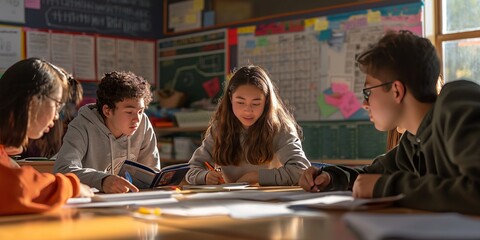 Four teenagers gathered in a classroom, studying together under natural light, illustrating teamwork, concentration, and collaborative learning in an educational setting.